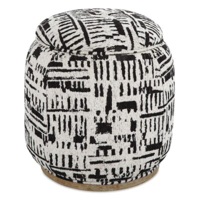 Top-down view of black and white abstract ottoman with beige cerused solid wood base, highlighting its modern design and storage functionality.