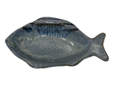 Front view of blue ceramic fish serving tray, vintage mid-century modern handcrafted design.