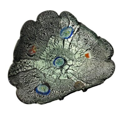 Close-up of vintage Fratelli Toso glass dish featuring crackled silver colorations and scalloped edges, circa 1950s.
