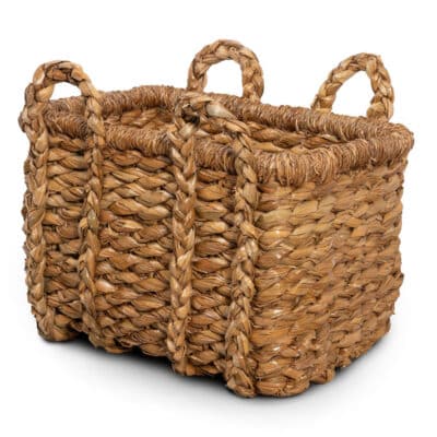 Front view of woven seagrass basket with handles, available in various sizes and locations.