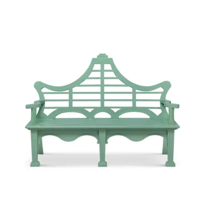 Whimsical Metal English Garden Bench in Island Green, front profile view.