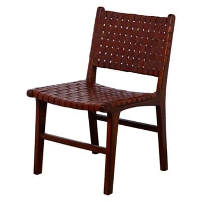 Alt Text: "Front view of Hector Woven Leather Dining Chair in Antiqued Brown leather with brown frame