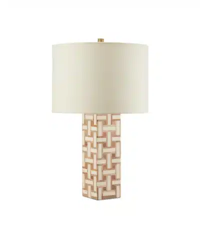 Table lamp with natural and black basketweave pattern, featuring a drum shade and a wooden base.