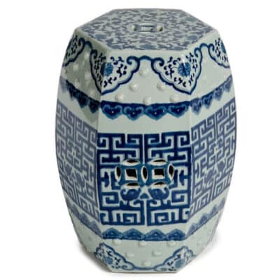 Hexagonal garden stool in blue and white design.