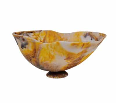 Front view of large tortoise shell resin fruit bowl with natural variations in color and pattern.