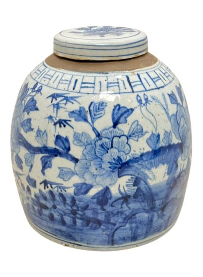 The alt text for this image could be: "Decorative lidded jar with blue floral pattern