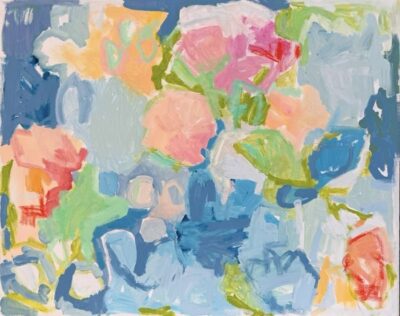 Blossom Original Art featuring vibrant floral arrangement in pastel colors, set against a blue background.