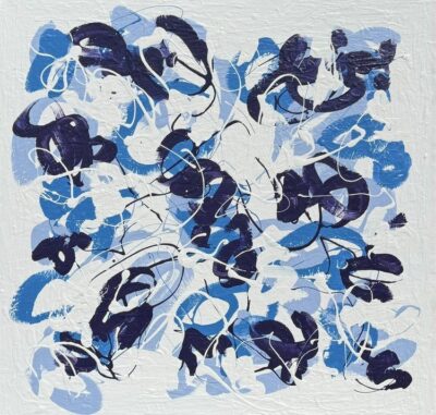 Close-up of Ack Water Series 2 Original Art by Danny Geschardt, showcasing intricate blue brushstrokes on canvas.