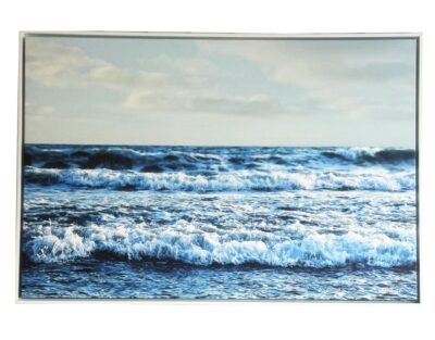 Close-up of "On A Roll" photograph by Robert Baker in canvas print with beechwood frame, showcasing ocean waves and horizon line.