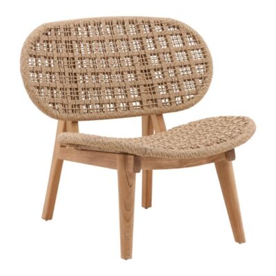 Outdoor wicker chair with teak wood base, beige twisted synthetic wicker seat and backrest.