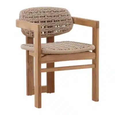 Close-up of twisted synthetic wicker outdoor chair with teak wood frame in beige and natural finish.