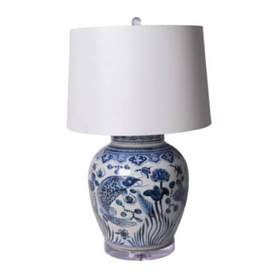 Close-up of Blue and White Fish Jar Lamp with Clear Acrylic Base.