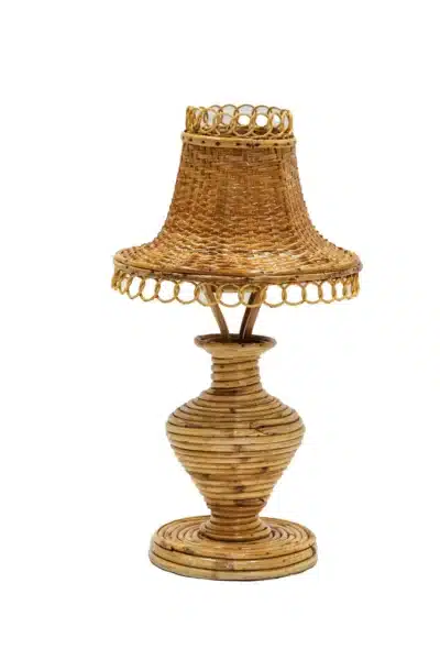 Front view of Mini Vase Rattan Lamp with a unique base, featuring intricate woven design.