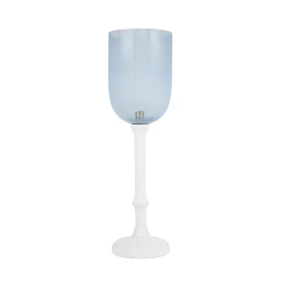 Blue glass hurricane with white base, available in green or stone (grey)
