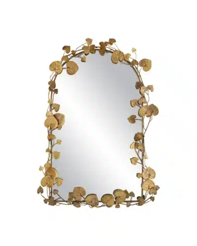 Antiqued brass finish on vines cast aluminum mirror, front view.