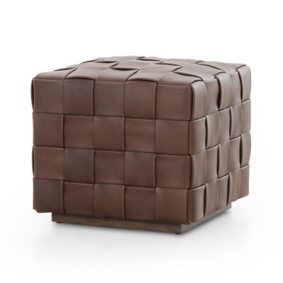 Handcrafted leather ottoman with solid oak base, showcasing intricate weaving detail.