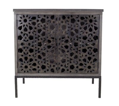 Close-up of Lorca Bedside Table, featuring antique bronze metal base, lattice doors, and resin top in charcoal wood finish.