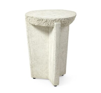 Close-up of Aged White Faux Stone Outdoor Table, showcasing its realistic stone texture and clean lines.