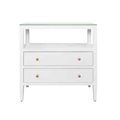 White Morton Night Stand with Polished Brass Hardware Glass Top in Textured Linen or Burl Wood available in White Natural Light Blue