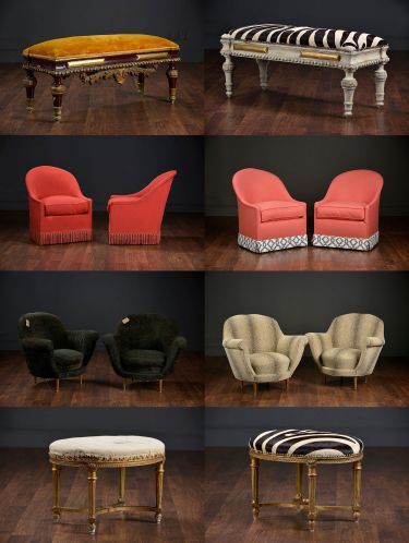 A collection of antique chairs in various styles, showcasing intricate upholstery and detailed craftsmanship.