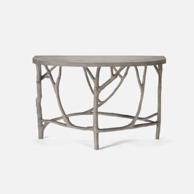 Outdoor Faux Bois Demilune Console in Cloud Gray, Branch Legs, Cast Stone Finish
