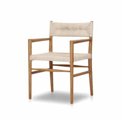 Outdoor teak arm chair with woven all-weather wicker seat, perfect for patio or poolside use.