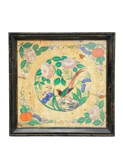 Antique Chinese botanical art featuring birds in nature, framed on paper.