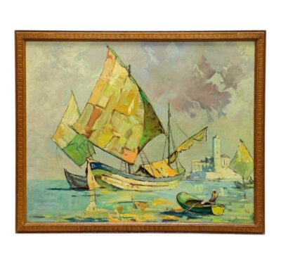 Close-up of vintage coastal painting in original wood frame, showcasing an impressionist style boat on water.