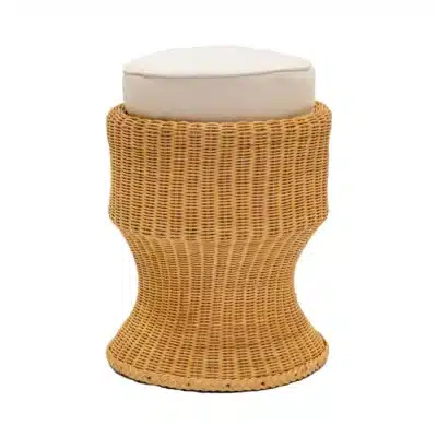 A close-up image of a Belle Wicker Stool featuring a sunbrella canvas cushion for comfort.
