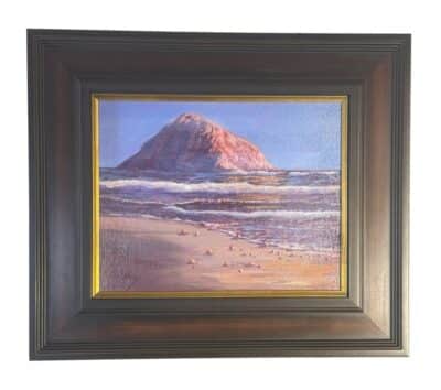 Close-up view of Morro Bay Rock Original Art Oil Painting in Italian wood frame by Karen Neely.