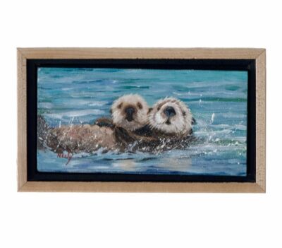 Close-up of Mother Otter & Baby Original Art Painting in Shadow Box Frame by Karen Neely Wood.