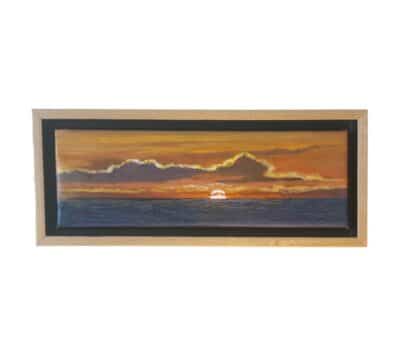 Close-up of Pacific Sunset Original Art Oil Painting in simple wood shadow frame by Karen Neely.