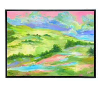 Colorful landscape painting in a custom frame by Lorraine Passero.
