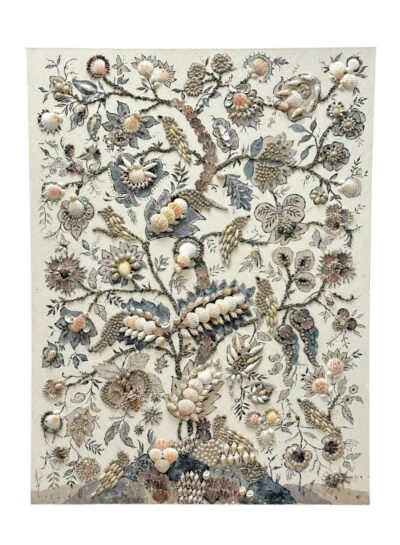 Close-up of Sania Tree of Life Original Art, featuring intricate hand-painted details and embellishments with shells on a textured base.