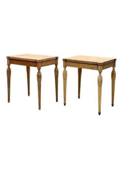 Pair of vintage French wood drinks tables, brass cap feet, circa 1940 - elegant side profile.