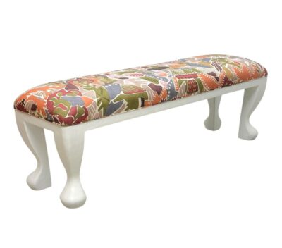 Front view of Picas White Gesso Bench in Soho Print, showcasing vibrant floral pattern on upholstery.