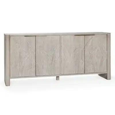 Cream mango wood buffet with carved palm leaf motif and adjustable shelves.