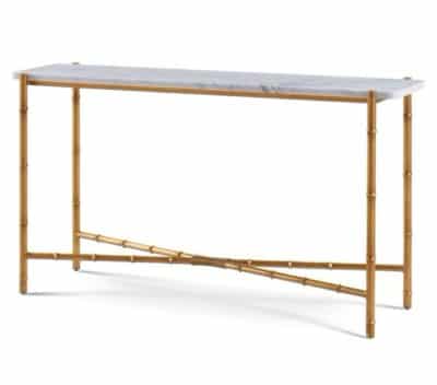 Front view of white marble console with faux bamboo base in satin bronze finish, showcasing natural variations.