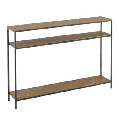 Antiqued brass console table with iron frame, faux wood shelves in brass finish.