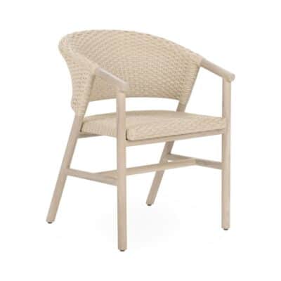 Close-up of Aged Cream Faux Wicker Outdoor Dining Chair featuring a Teak Frame, highlighting its elegant design for outdoor use.