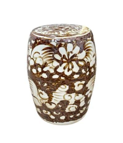Close-up of Rustic Brown Twist Flower Porcelain Garden Stool, showcasing its unique texture and hand-glazed finish.