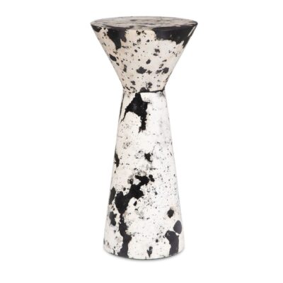 Hourglass table with limestone and black resin, natural variations, indoor/outdoor use.