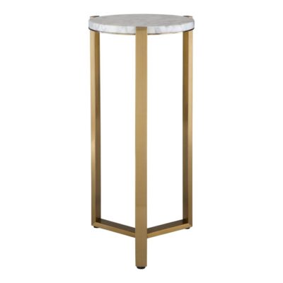Round marble drinks table with antiqued brass legs, featuring elegant design for contemporary living spaces.
