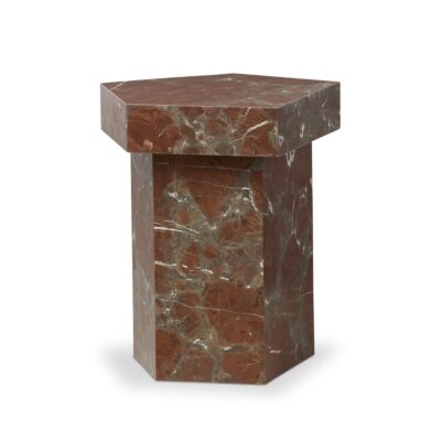 Irregular pentagon-shaped side table in solid rust marble with heavy natural veining and varying tones from rust to grey.