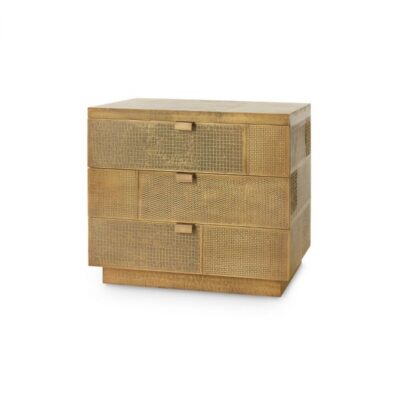 The image shows a Hammered Brass Three Drawer Side Table featuring an elegant hammered brass finish on its exterior drawers while the