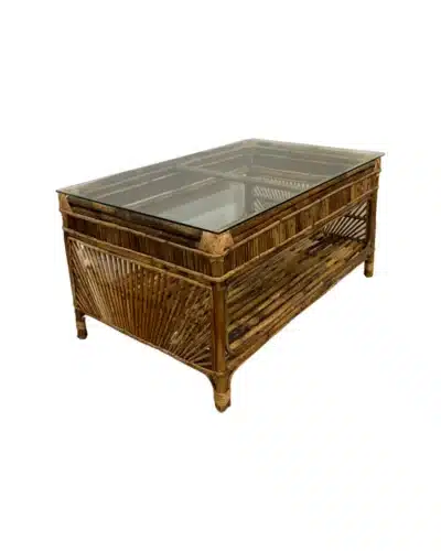 Glass top Hamilton Rattan Coffee Table with intricate weaving, showcasing warm tones in the wood.
