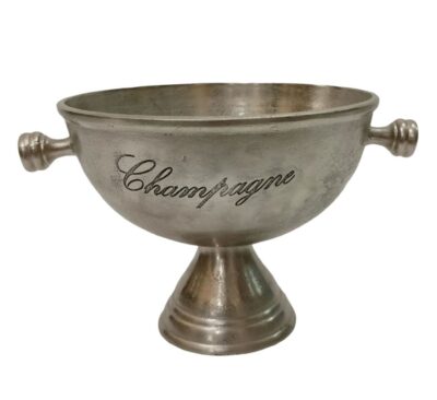 Champagne cooler with knob handles, cast aluminum, elegant design on stand.
