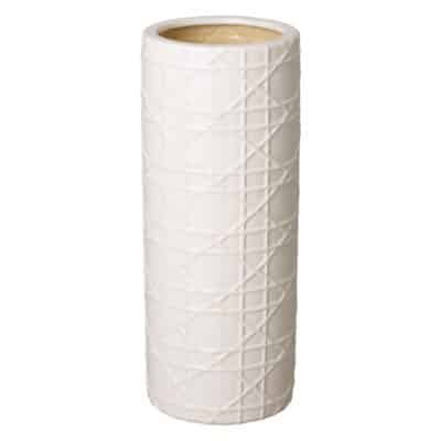 Glossy white ceramic umbrella stand with geometric cane crisscross pattern.