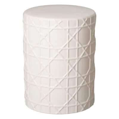 Glossy white cane ceramic stool, geometric design, vertical & diagonal crisscross pattern, Hamptons style.