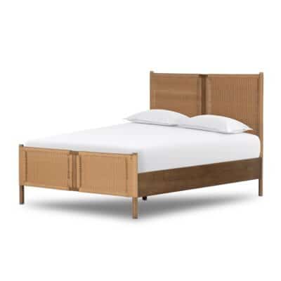 Close-up of King Sungkai bed showcasing its woven faux rattan design and spacious interior dimensions for mattress.